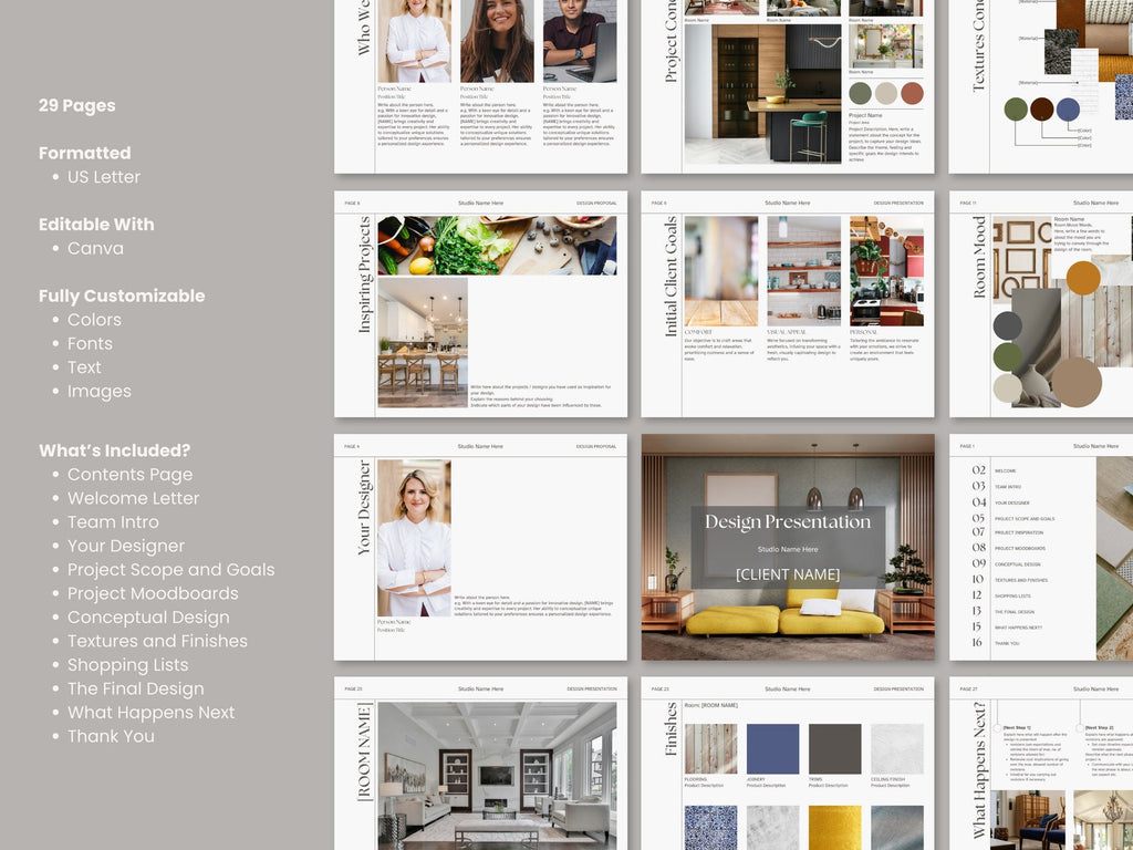 Interior Design Concept Design Presentation Template with Moodboards, Shopping Lists and Material Selection Canva