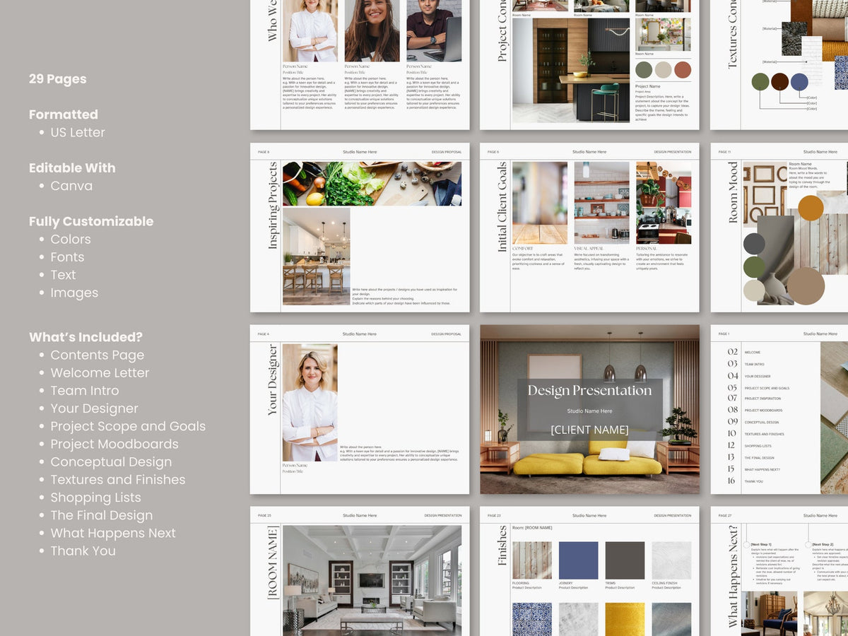 Interior Design Concept Design Presentation Template with Moodboards, Shopping Lists and Material Selection Canva