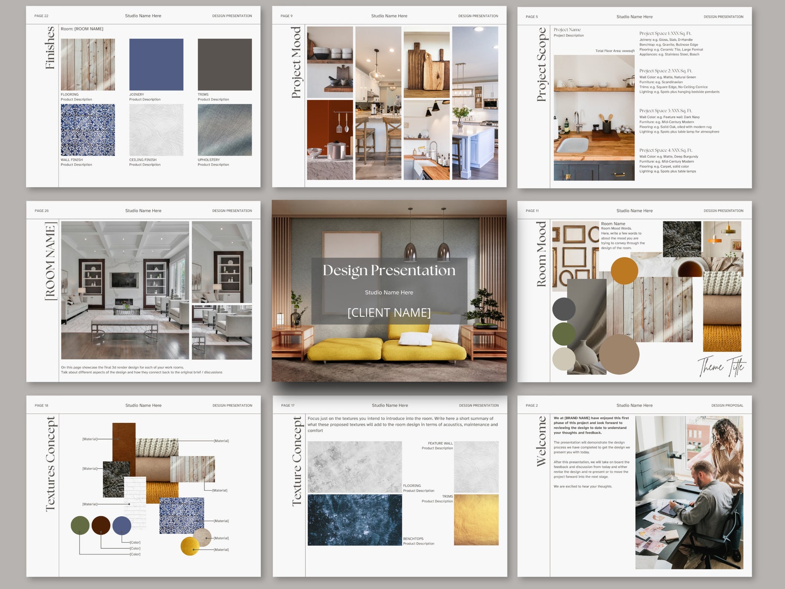Interior Design Concept Design Presentation Template with Moodboards, Shopping Lists and Material Selection Canva