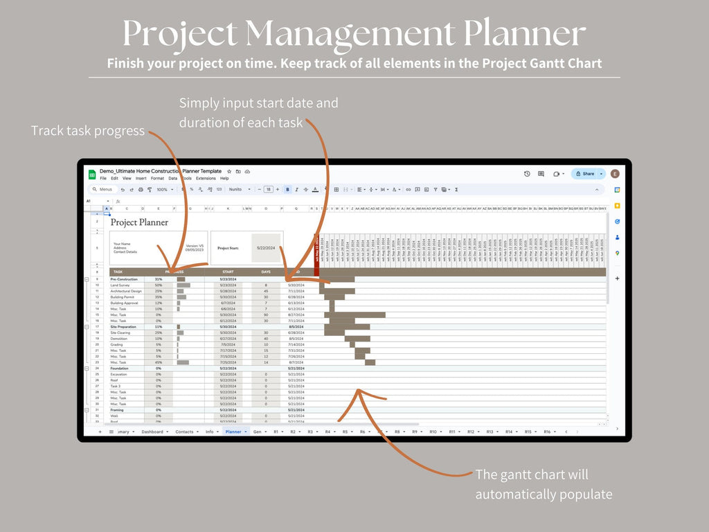 Ultimate Home Construction Renovation Remodel Custom Build, Excel, Google Sheets, Project Management - Gantt - Spreadsheet - Finishes Spec