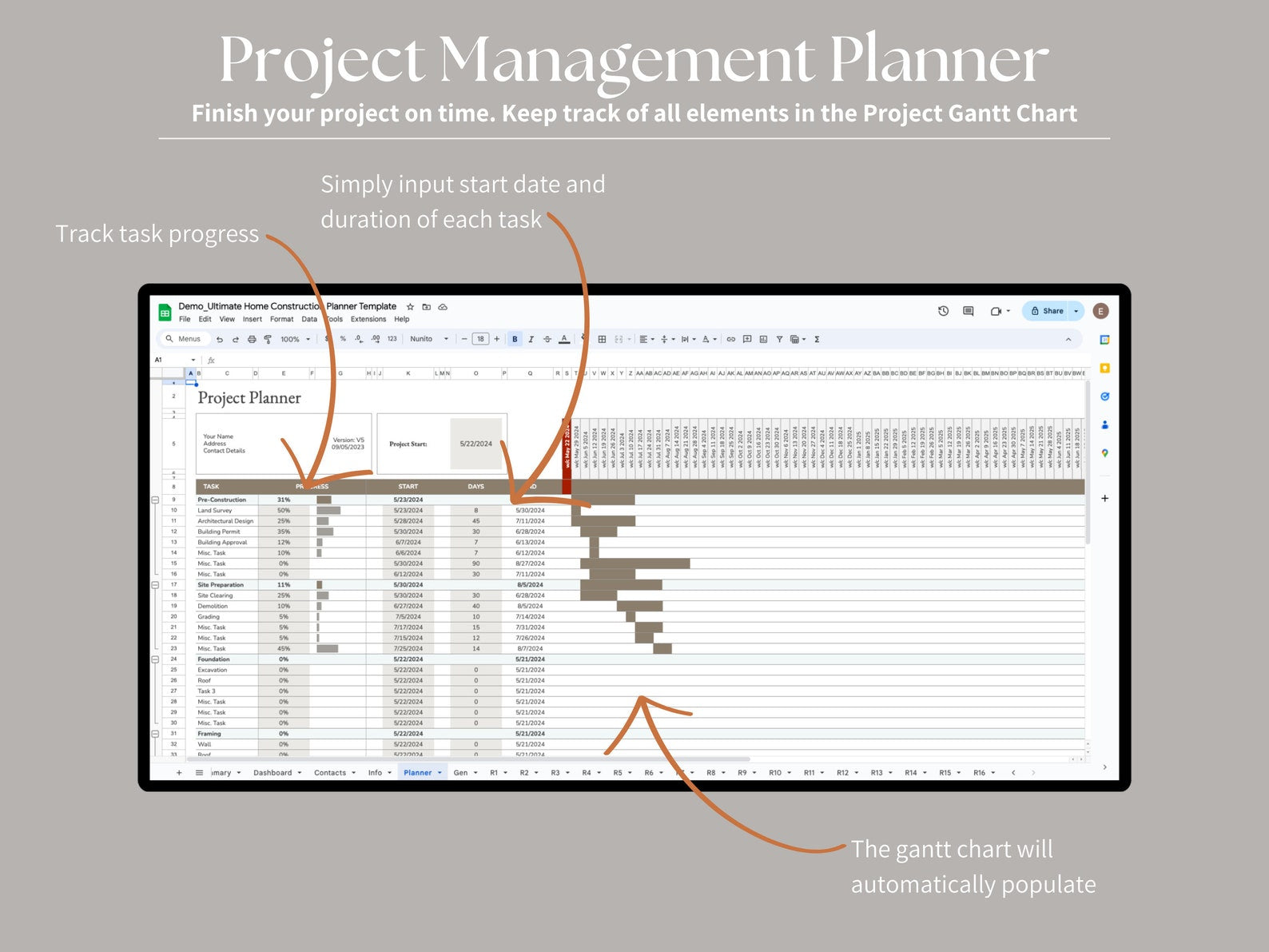 Ultimate Home Construction Renovation Remodel Custom Build, Excel, Google Sheets, Project Management - Gantt - Spreadsheet - Finishes Spec