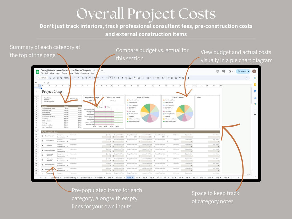 Ultimate Home Construction Renovation Remodel Custom Build, Excel, Google Sheets, Project Management - Gantt - Spreadsheet - Finishes Spec