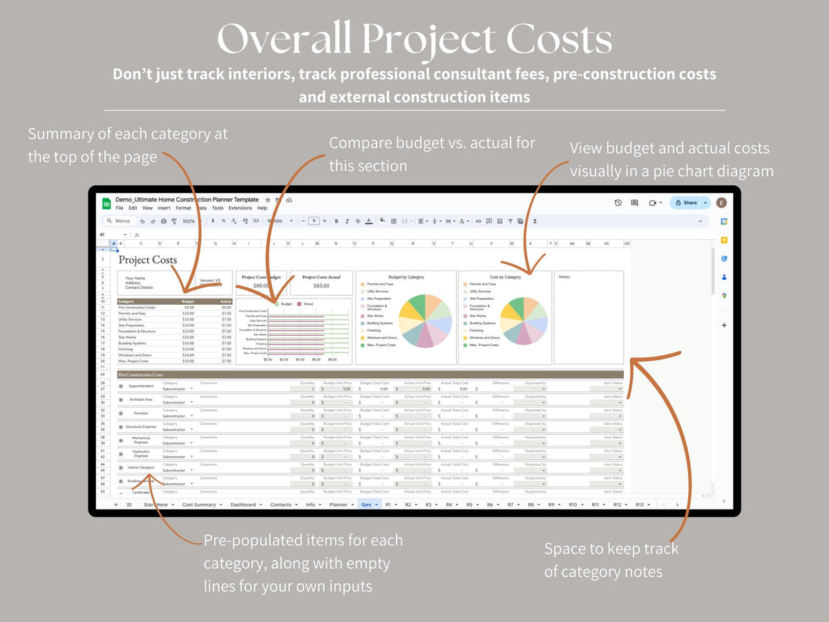 Ultimate Home Construction Renovation Remodel Custom Build, Excel, Google Sheets, Project Management - Gantt - Spreadsheet - Finishes Spec