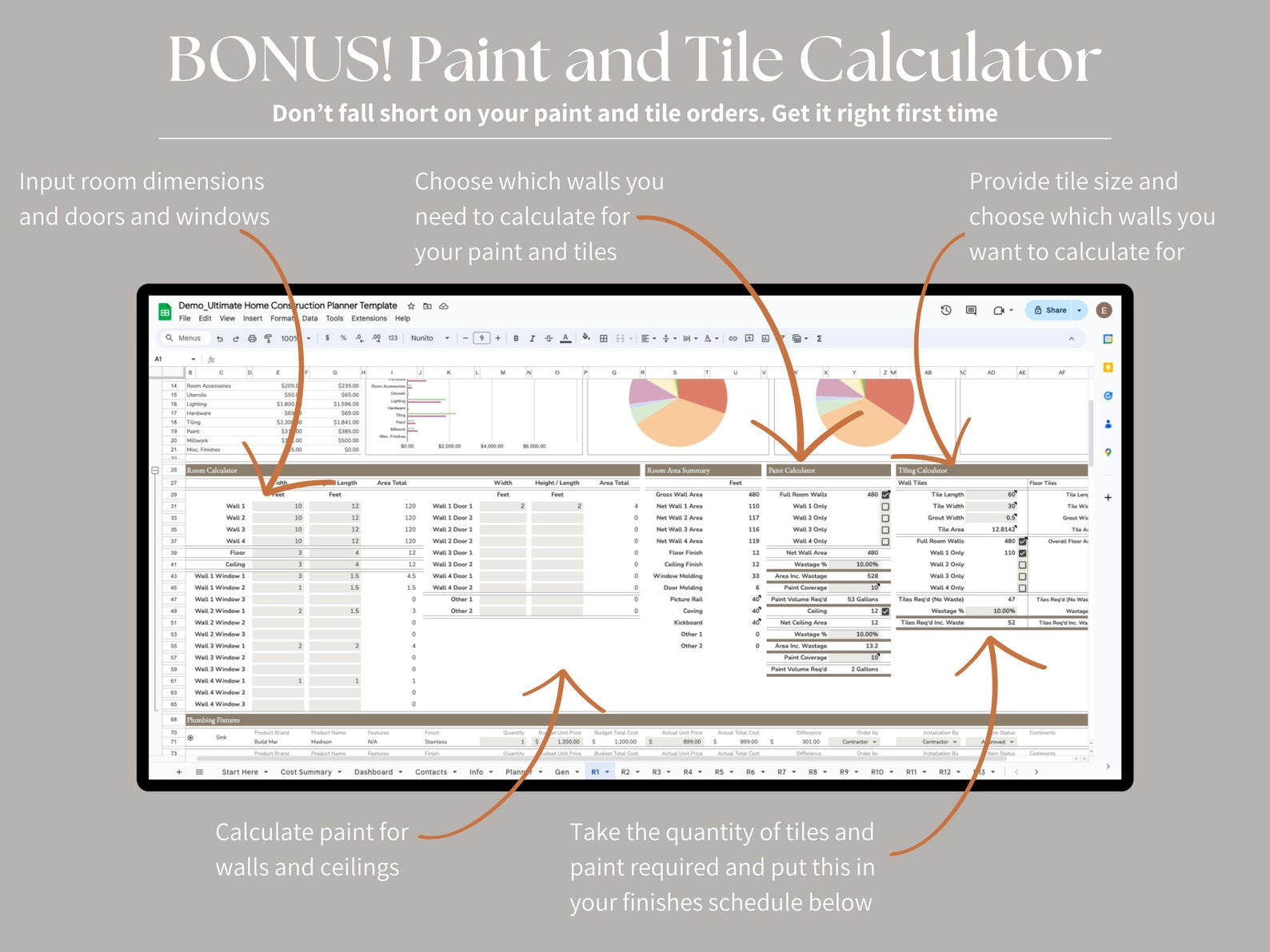 Ultimate Home Construction Renovation Remodel Custom Build, Excel, Google Sheets, Project Management - Gantt - Spreadsheet - Finishes Spec