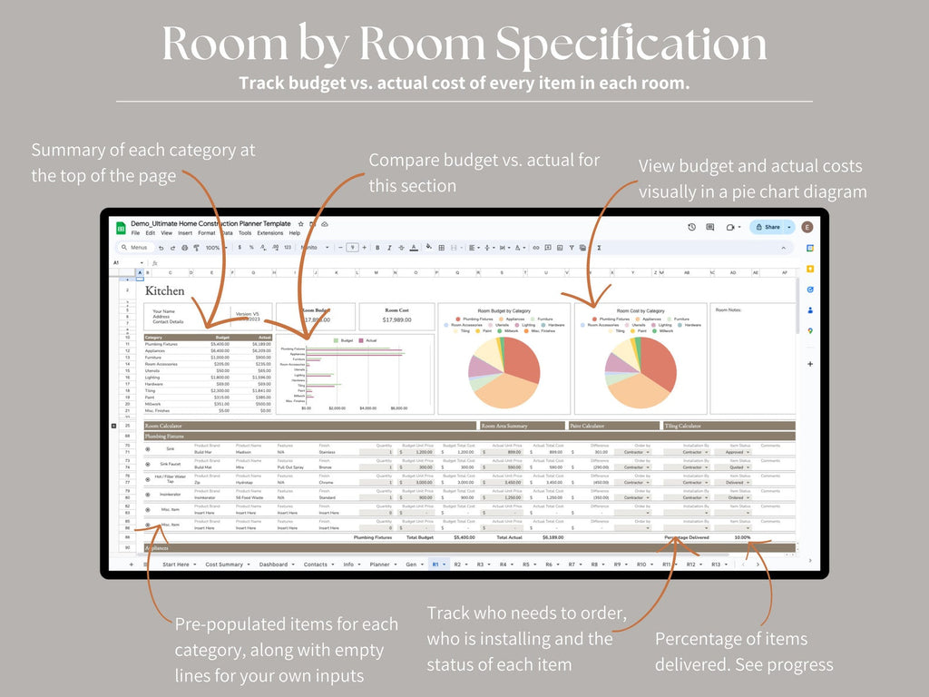 Ultimate Home Construction Renovation Remodel Custom Build, Excel, Google Sheets, Project Management - Gantt - Spreadsheet - Finishes Spec