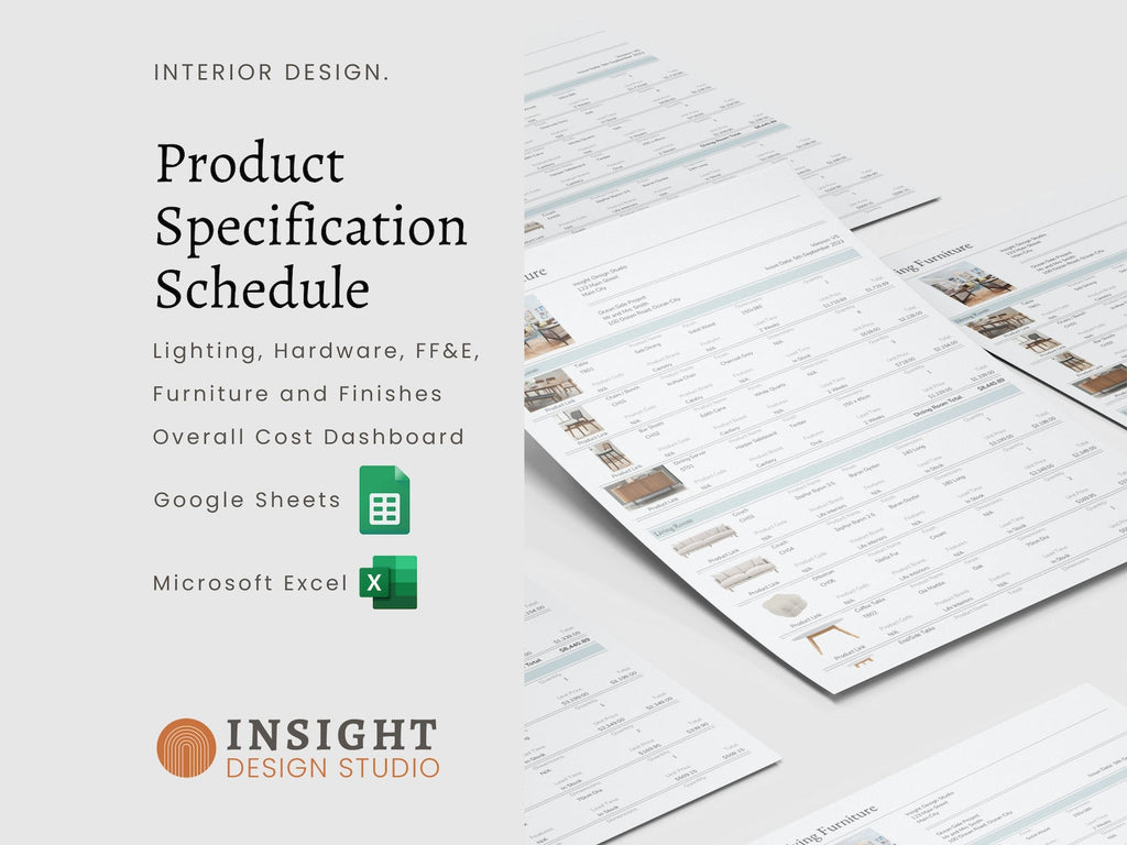 Interior Design Google Sheets Excel Product Specification Template, Finishes FF&E Furniture Schedule, E-Design Specification