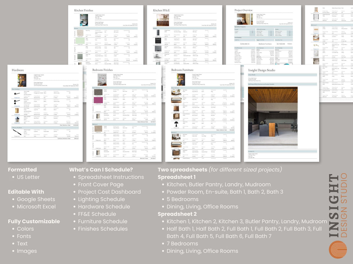 Interior Design Google Sheets Excel Product Specification Template, Finishes FF&E Furniture Schedule, E-Design Specification