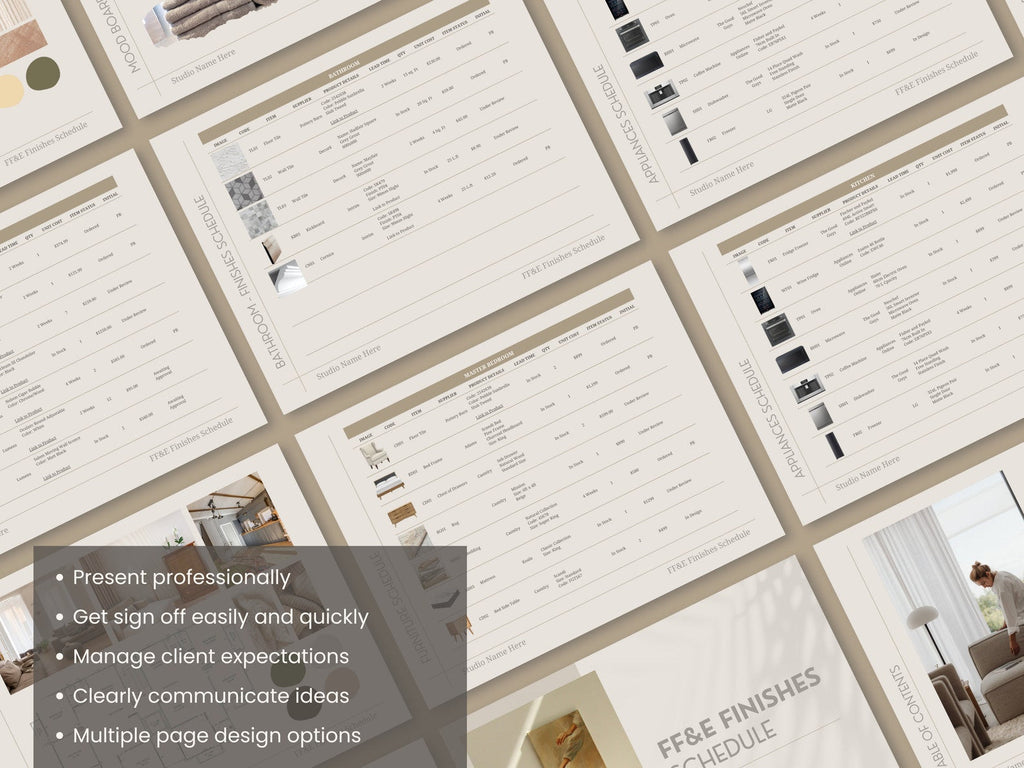FFE Finishes Schedule and Design Presentation Template Bundle for Interior Designers - Canva Powerpoint Indesign - Linden