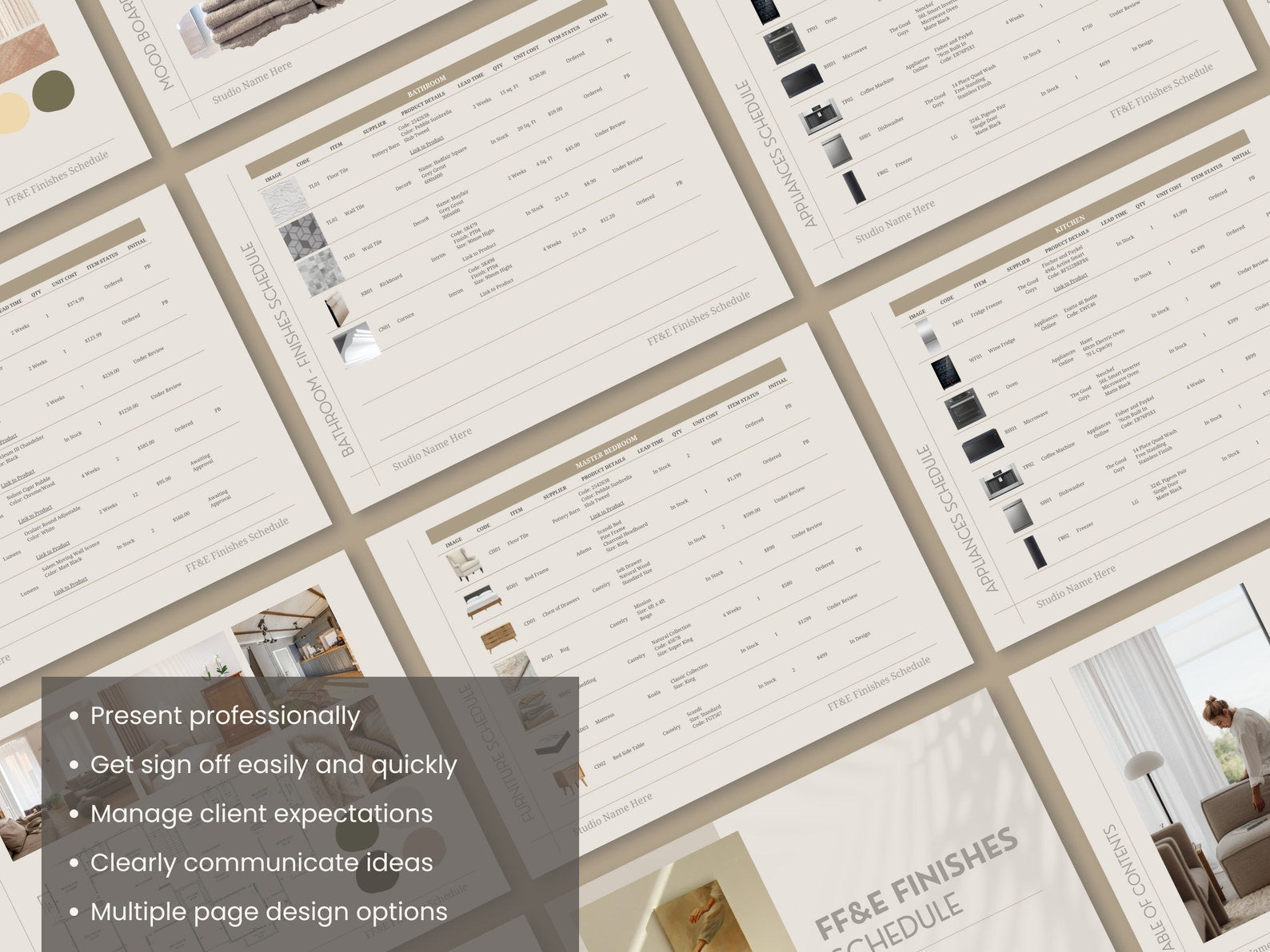FFE Finishes Schedule and Design Presentation Template Bundle for Interior Designers - Canva Powerpoint Indesign - Linden