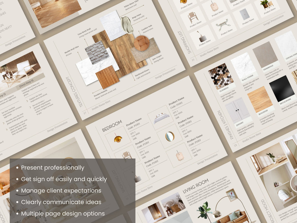 FFE Finishes Schedule and Design Presentation Template Bundle for Interior Designers - Canva Powerpoint Indesign - Linden