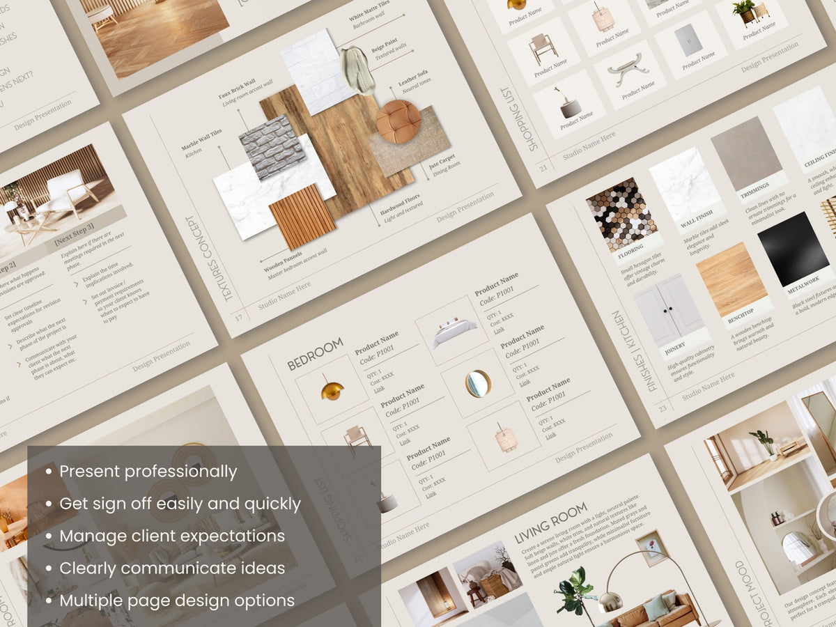 FFE Finishes Schedule and Design Presentation Template Bundle for Interior Designers - Canva Powerpoint Indesign - Linden