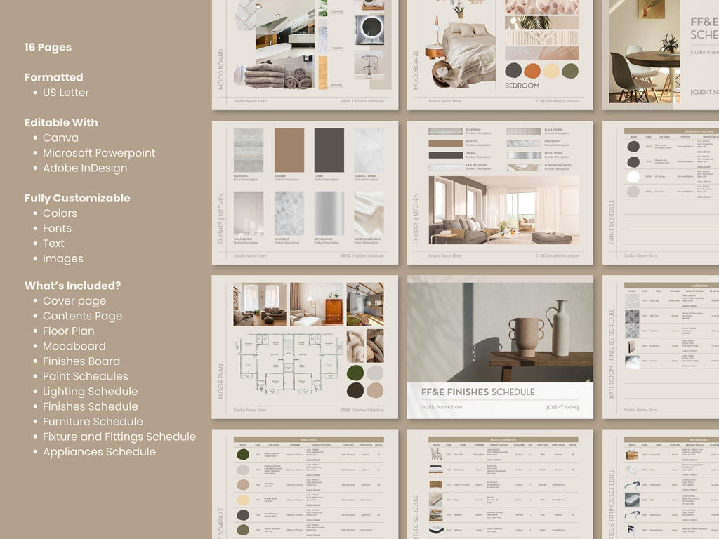 FFE Finishes Schedule and Design Presentation Template Bundle for Interior Designers - Canva Powerpoint Indesign - Linden
