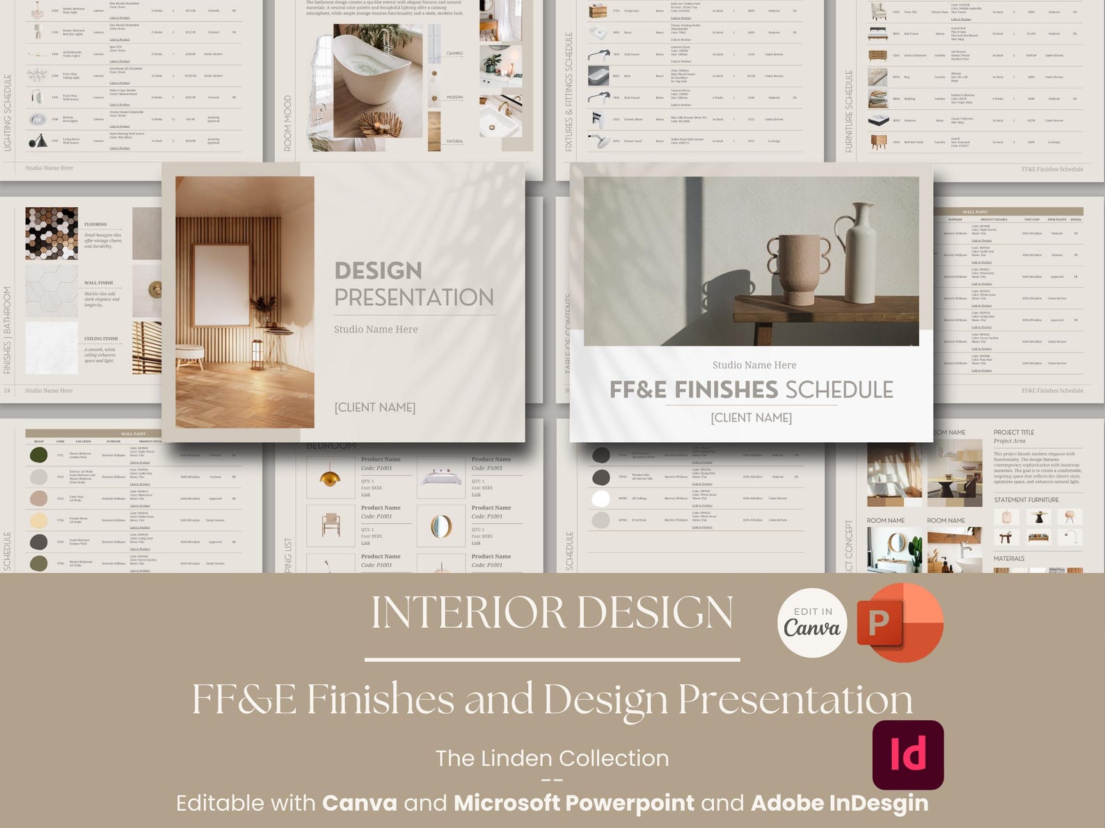 FFE Finishes Schedule and Design Presentation Template Bundle for Interior Designers - Canva Powerpoint Indesign - Linden