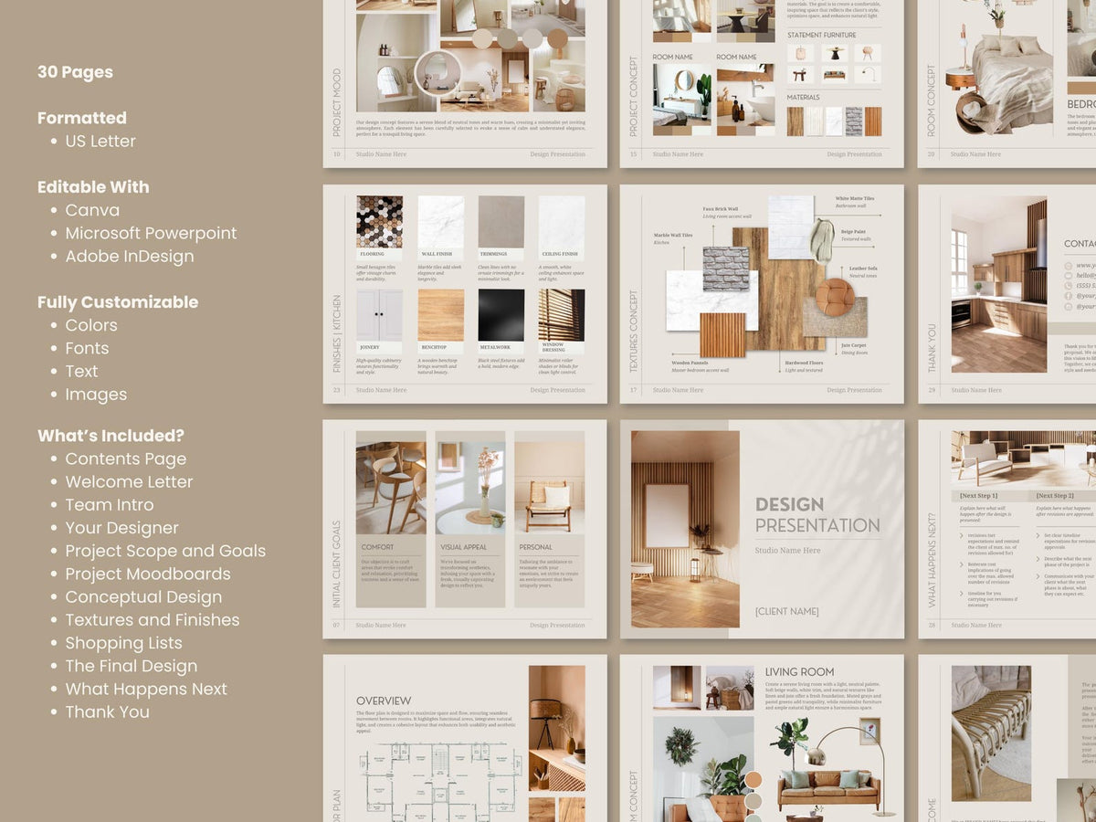 FFE Finishes Schedule and Design Presentation Template Bundle for Interior Designers - Canva Powerpoint Indesign - Linden