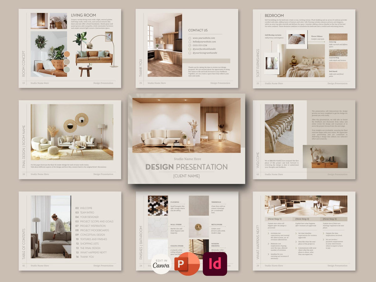 FFE Finishes Schedule and Design Presentation Template Bundle for Interior Designers - Canva Powerpoint Indesign - Linden