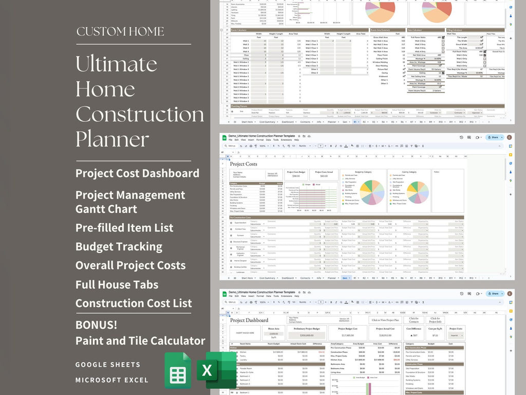 Ultimate Home Construction Renovation Remodel Custom Build, Excel, Google Sheets, Project Management - Gantt - Spreadsheet - Finishes Spec