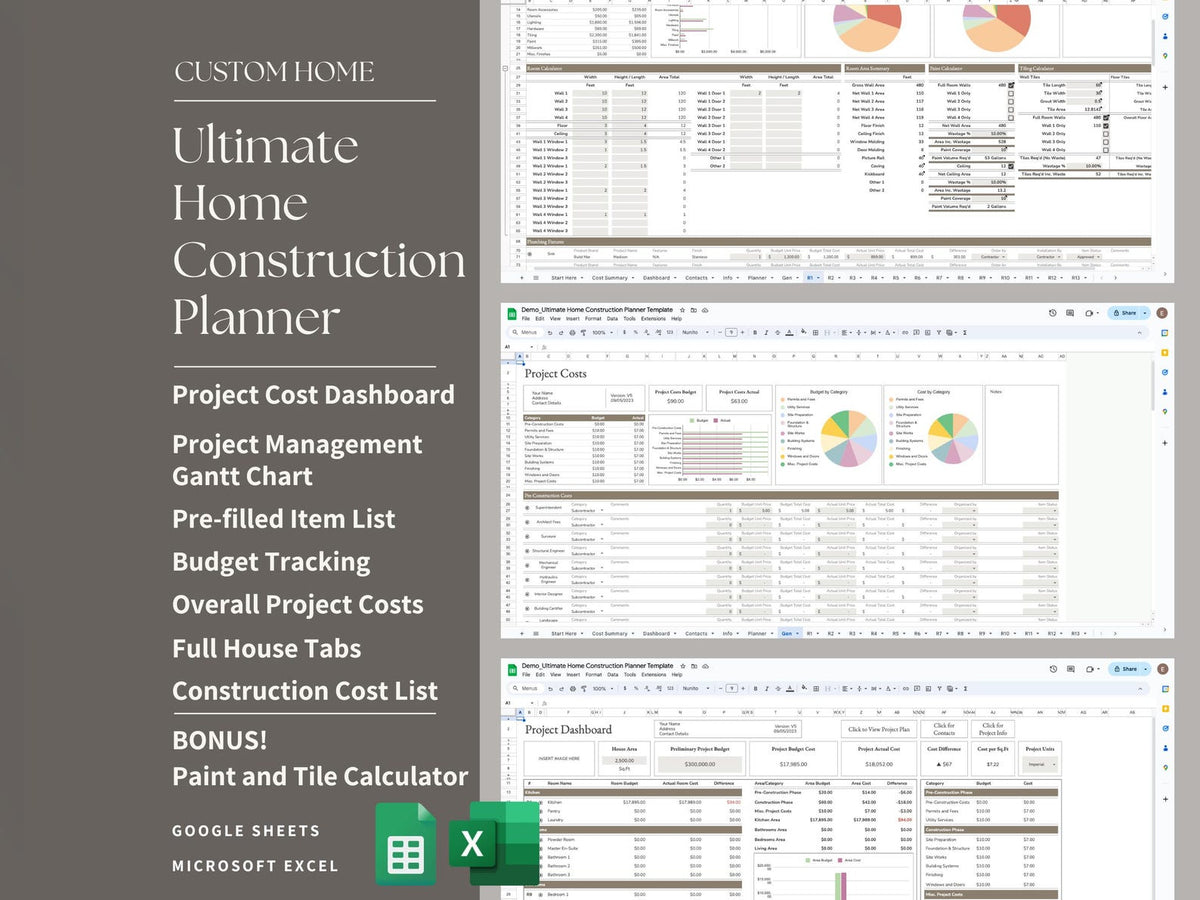 Ultimate Home Construction Renovation Remodel Custom Build, Excel, Google Sheets, Project Management - Gantt - Spreadsheet - Finishes Spec